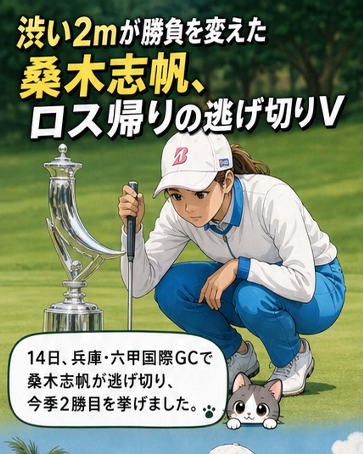 ゴルファー桑木志帆がグリーンでパターを構える様子。背景には観客と六甲山の山並みが見える。