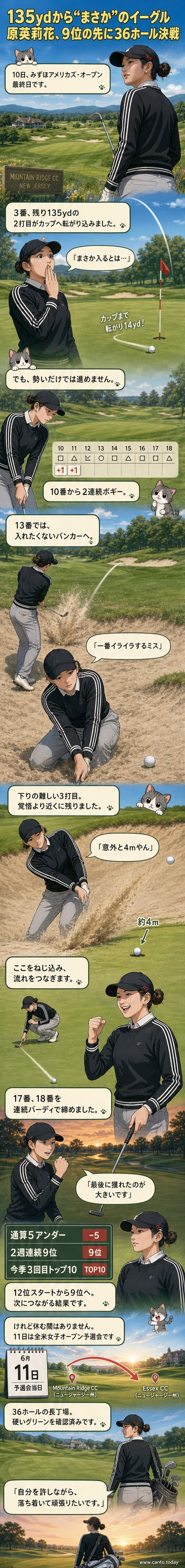 ゴルファーの原英莉花がグリーン上でバーディパットを決め、こぶしを握る瞬間。背景には観客と旗竿が見える。