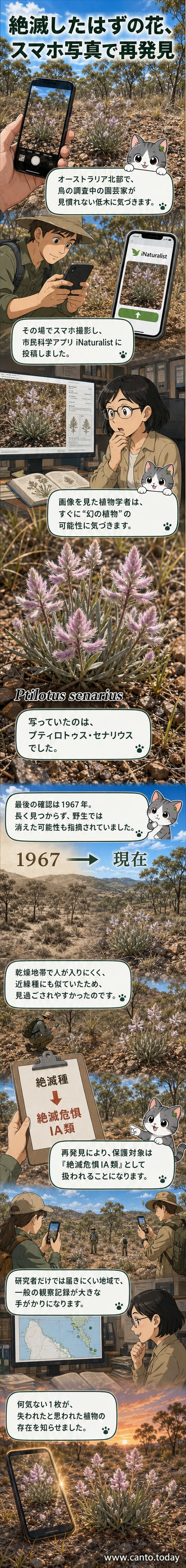 オーストラリアの乾燥地帯に咲く、紫がかったピンクの羽毛のような花を持つ低木「Ptilotus senarius」の写真。背景に草原と遠くの木々が広がる。