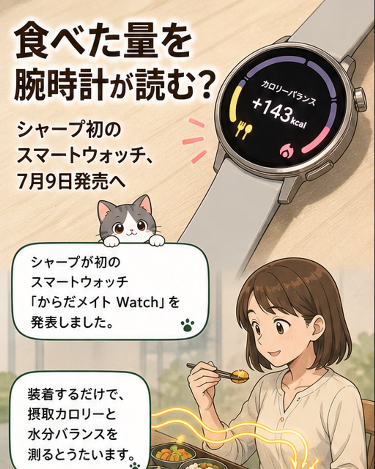 シャープのスマートウォッチ「からだメイト Watch」が手首に装着され、画面にカロリーと水分バランスのデータを表示している。