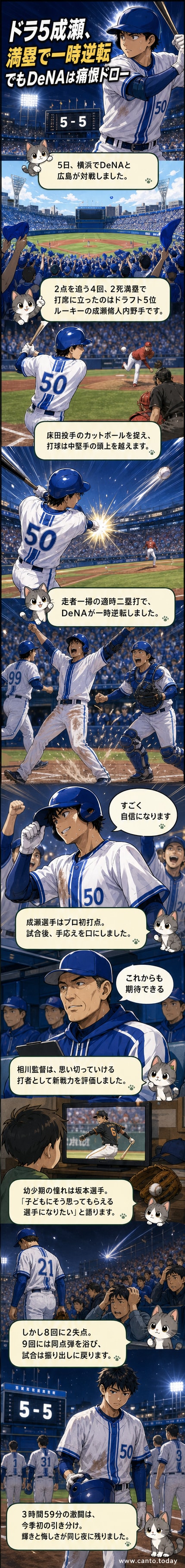 横浜スタジアムで、満塁の場面で適時二塁打を放ち、ベンチから駆け出すDeNAの成瀬脩人選手。打球は中堅手の頭上を越え、走者を一掃した。