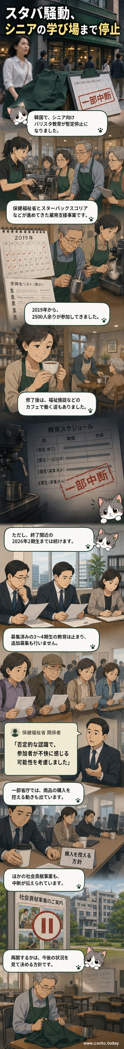 シニアがカフェのカウンターでコーヒーを淹れる様子を描いたイラスト。背景にはスターバックスのロゴと韓国の都市風景。