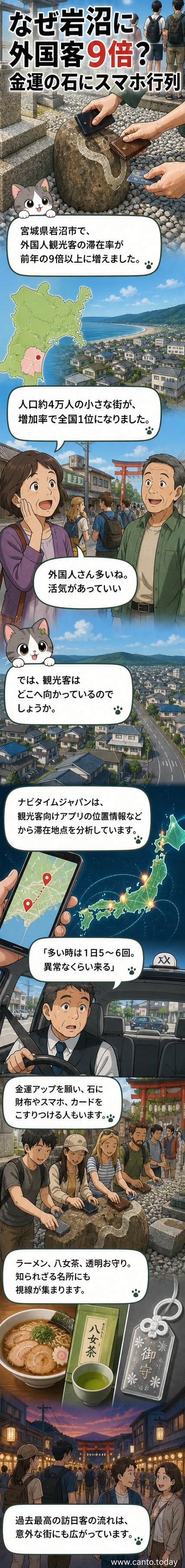 宮城県岩沼市の神社で、外国人観光客が財布やスマホを石にこすりつける様子。周囲には観光用の看板やラーメン店ののぼりが見える。