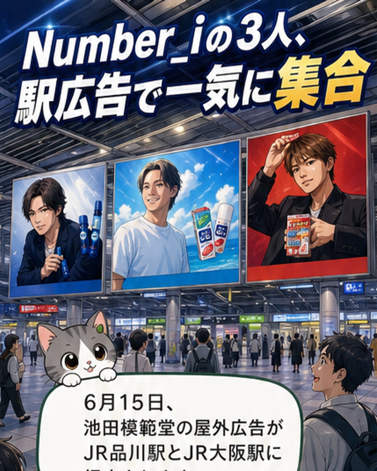 Number_iの平野紫耀、岸優太、神宮寺勇太がそれぞれ池田模範堂の異なる製品シリーズの広告ポスターに登場している様子。