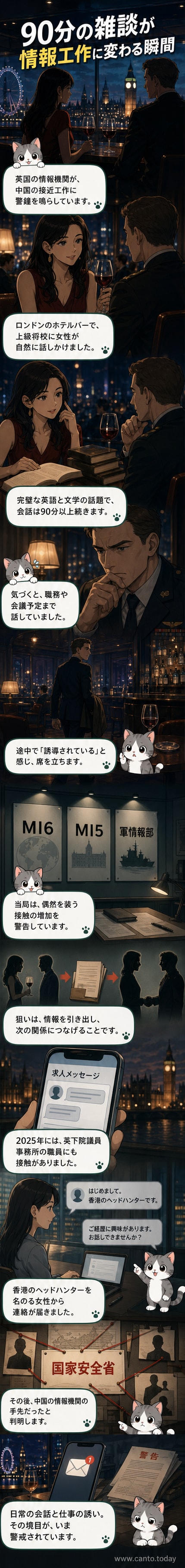 暗いバーで会話する軍服の男性とスーツ姿の女性。背景に中国国旗の影が差し込む。