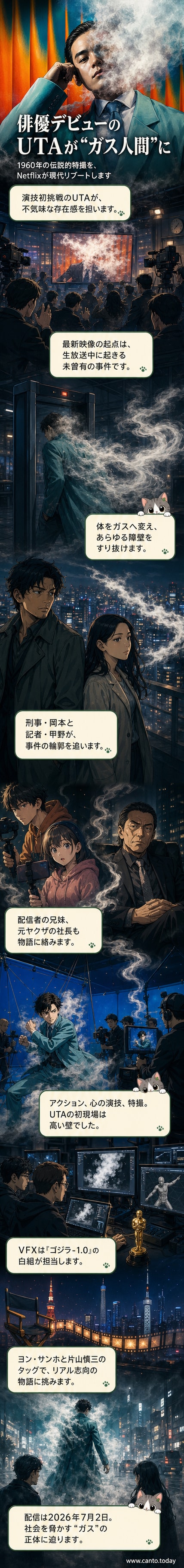 白いガスのような姿をした正体不明の人物が都市の夜景を漂う、不気味な雰囲気のビジュアル。