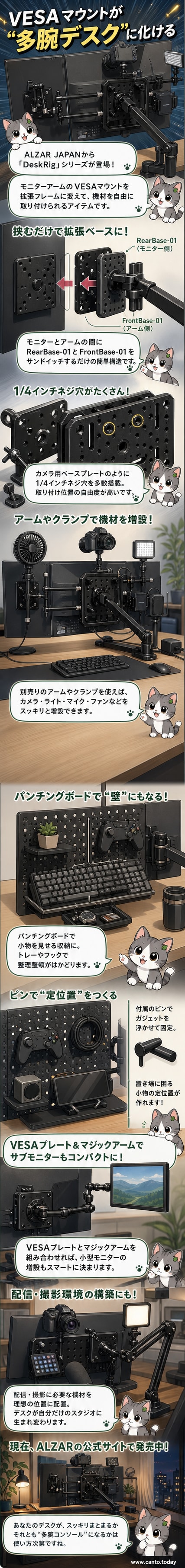DeskRig RearBase-01とFrontBase-01がモニターアームに装着され、周囲にサブモニター、カメラ、有孔ボード、小型ファンなどが無数に取り付けられた様子を示す製品イメージ図