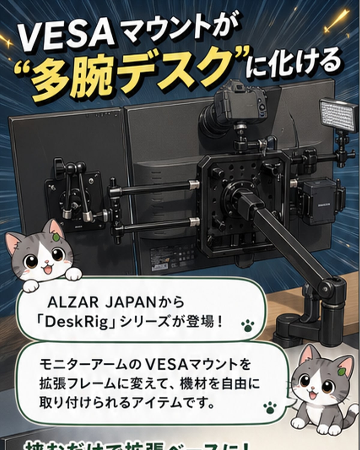 DeskRig RearBase-01とFrontBase-01がモニターアームに装着され、周囲にサブモニター、カメラ、有孔ボード、小型ファンなどが無数に取り付けられた様子を示す製品イメージ図