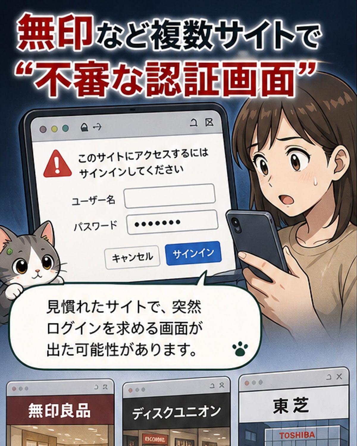 無印良品など複数サイトで不審な認証画面