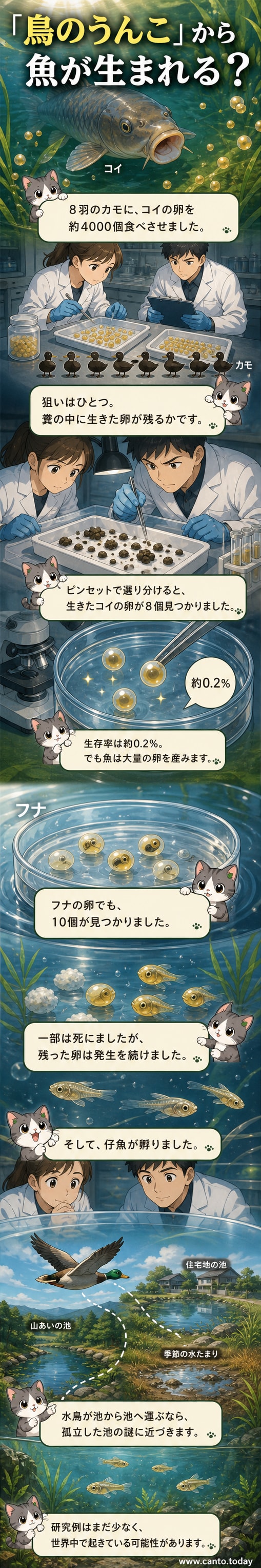 カモが魚の卵を食べ、その後の糞の中から仔魚が孵化する様子を描いた科学解説イラスト