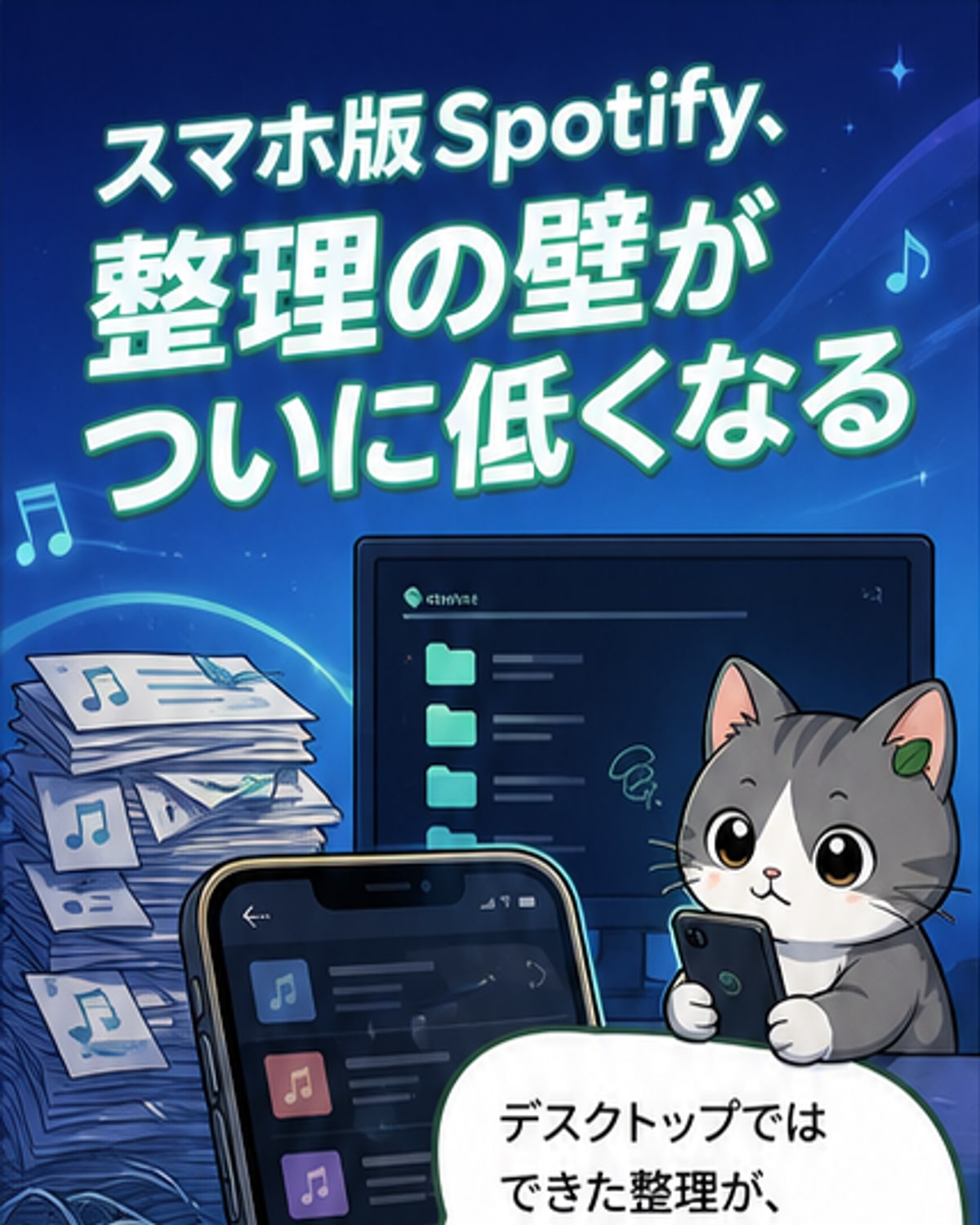 スマートフォン画面に表示されたSpotifyアプリのインターフェース。プレイリストがフォルダ内に整理されている様子。