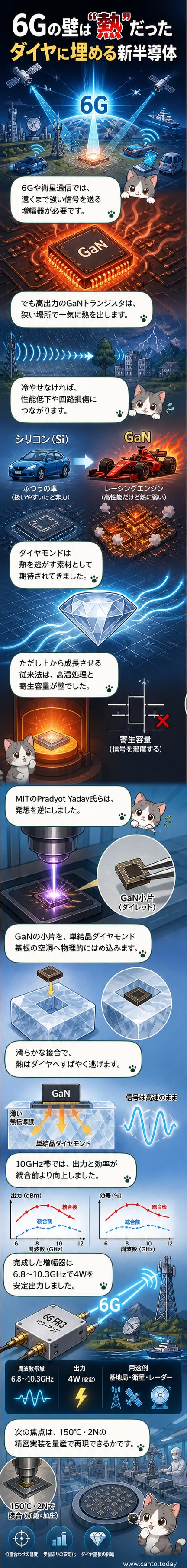 極小のGaNトランジスタが単結晶ダイヤモンド基板に埋め込まれた様子。レーザー加工による精密な接合構造が見える。