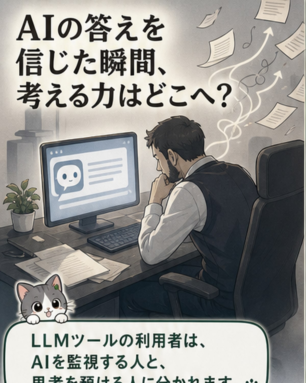 人物が自信満々のAIアシスタントの声に耳を傾け、頭上には思考の泡が消えつつある様子を描いたイラスト。