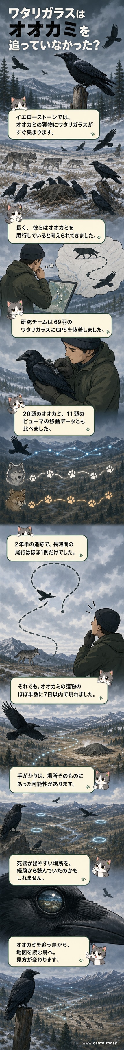 空を飛ぶワタリガラスの群れと、遠くのオオカミ。森の中の死骸をめぐる知性の駆け引きを描いたイラスト。