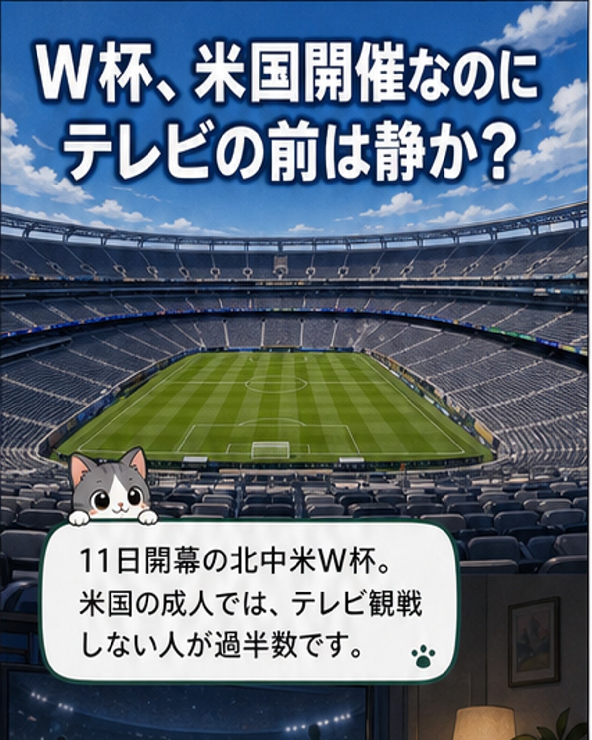 満員のスタジアムでサッカーのW杯決勝が行われる様子。遠くにメットライフ・スタジアムの看板が見える。