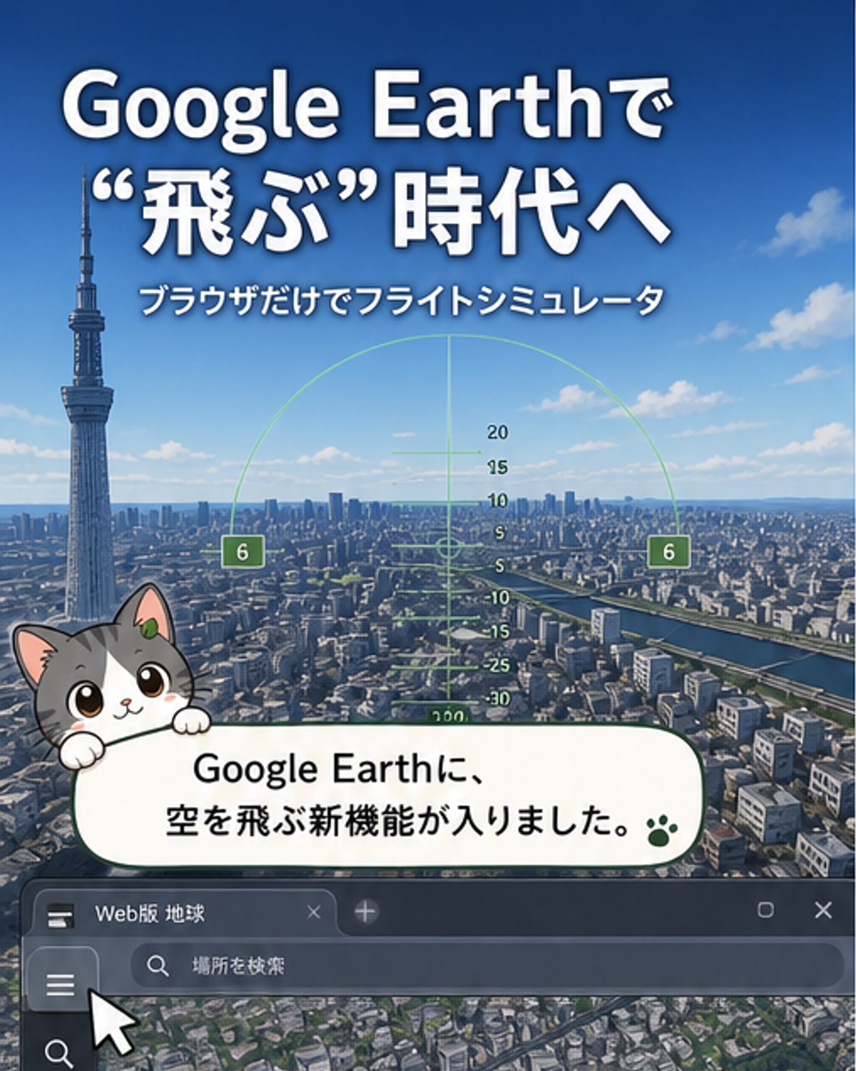 Google Earthの画面上で飛行機が富士山の上空を旋回している様子。操縦画面には高度や角度を示すHUDシンボルが表示されている。