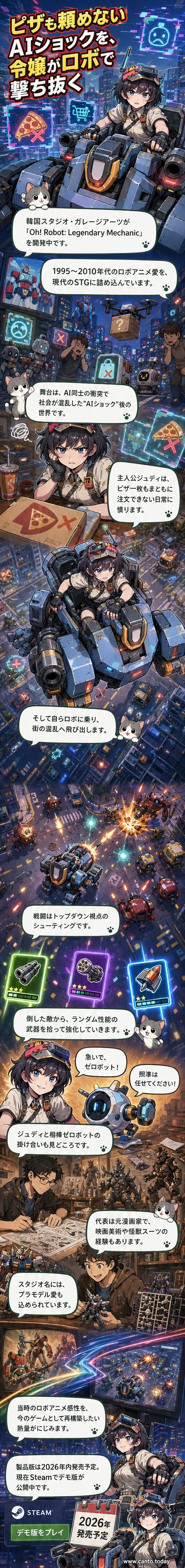 『Oh! Robot: Legendary Mechanic』のゲーム画面。美少女パイロットが巨大ロボットを操り、都市の空を飛びながら敵ロボットと交戦している。