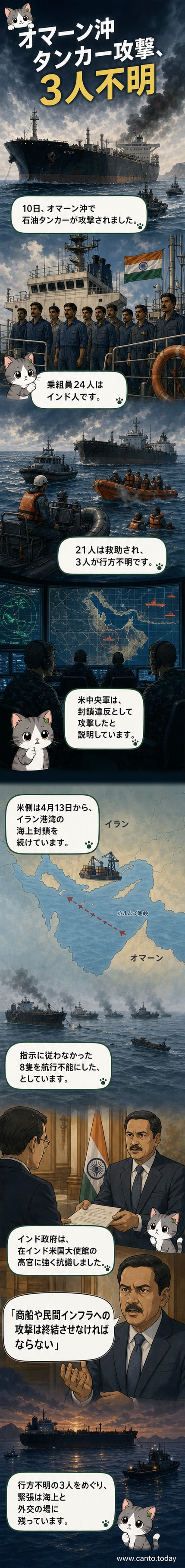 オマーン沖の海上で煙を上げるタンカー。遠くに軍艦の姿が見える。ホルムズ海峡付近の緊張が高まる中、米軍による攻撃が行われた。