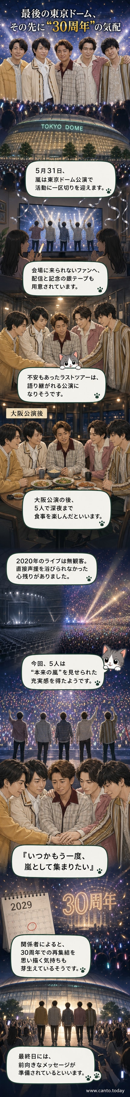嵐のラストツアー最終日、東京ドームのステージで手を繋ぐ5人の姿。背景にはファンの銀テープが光る。