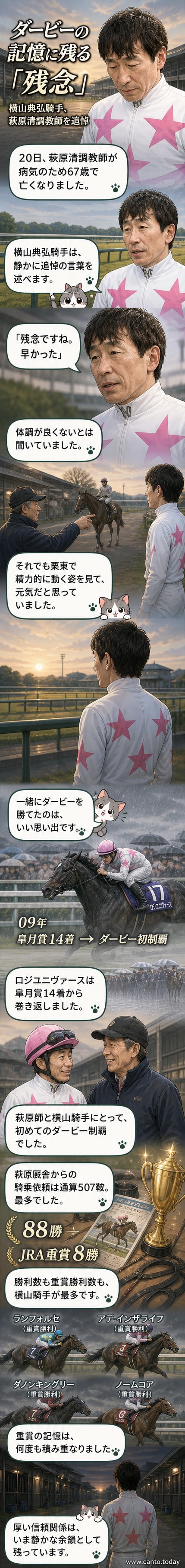 追悼の横山典弘騎手と、萩原清調教師が手綱を取る競走馬の様子を描いた静かなシーン