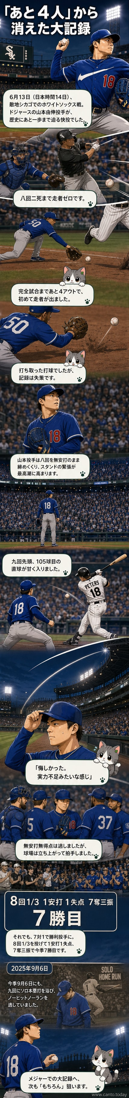 マウンド上でチームメートに囲まれ拍手を受けるドジャースの山本由伸。完全試合目前での好投を称えられている。