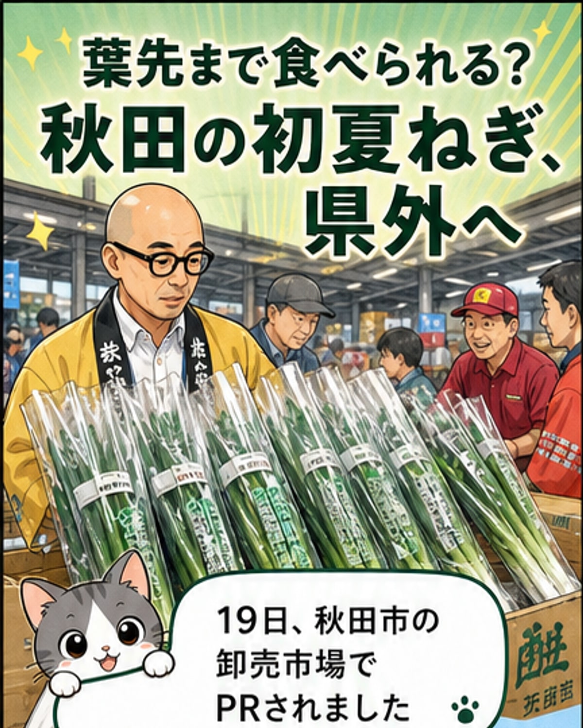 秋田県の市場で並ぶ、葉先まで新鮮な「秋田わかまるねぎ」の束。JA関係者と農家が笑顔で見つめている。
