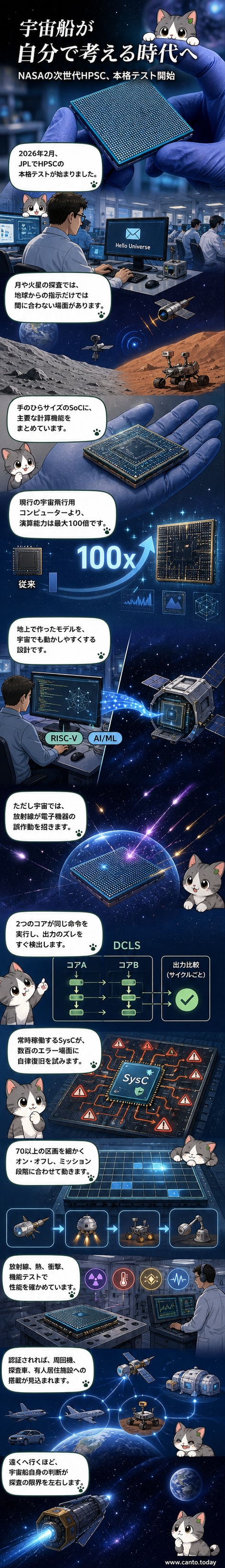宇宙船の内部に収まる小型の高性能コンピューターチップが、星々を背景に光り輝いている様子。周囲にはデータフローの可視化が浮かんでいる。