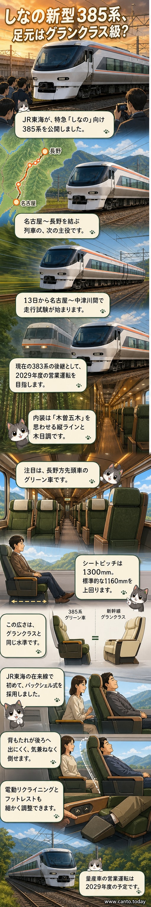 新型特急385系のグリーン車内。1+2列の座席配置で、足元に広い空間が確保されている。窓からは外の風景が見える。