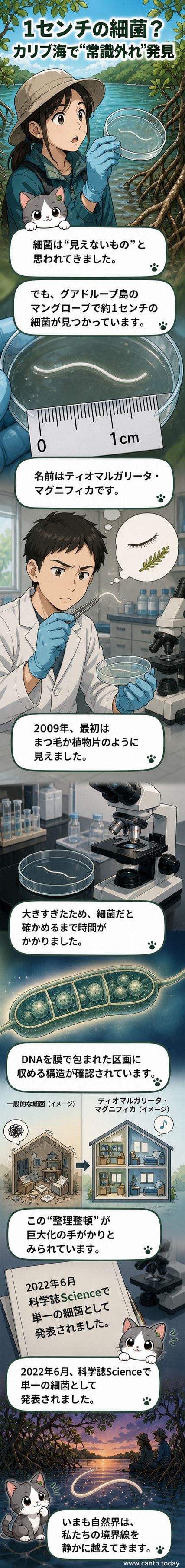 白い糸のような形をした1センチの細菌が水中のマングローブに漂う様子を描いたイラスト