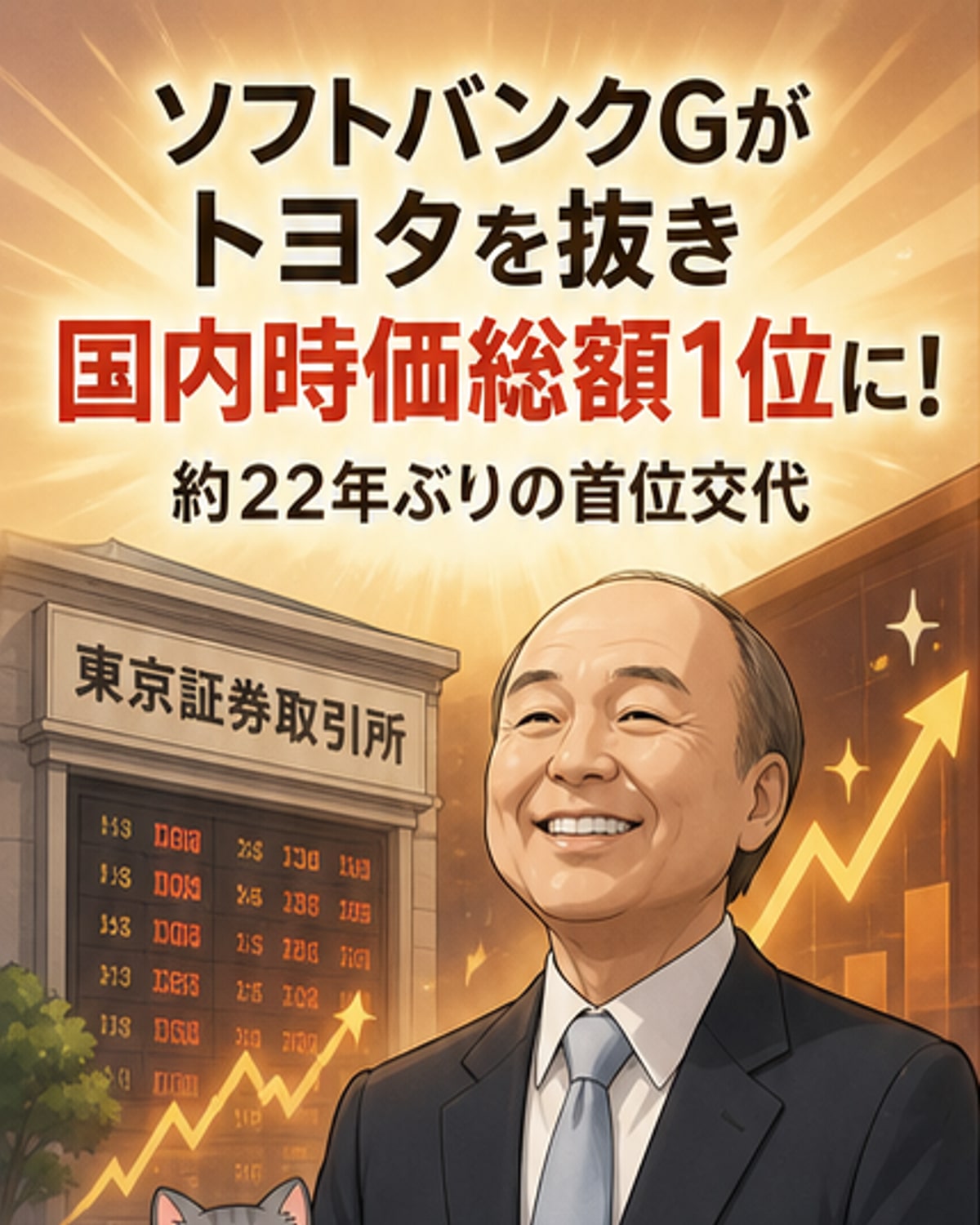 東京株式市場のグラフと、ソフトバンクとトヨタのロゴが並ぶ様子。時価総額の変化を示している。
