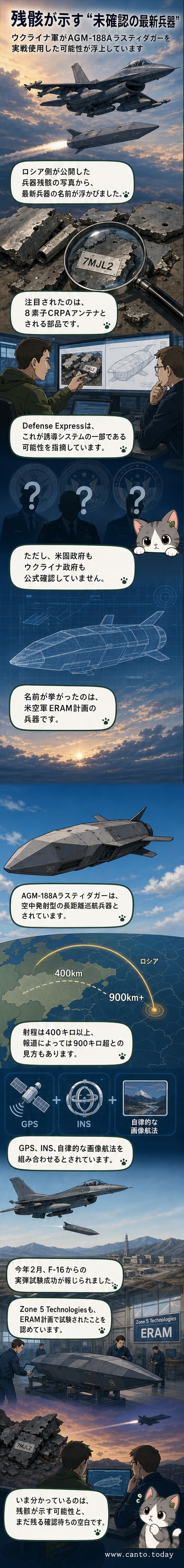 暗闇を飛行するステルスミサイルのイラスト。遠くに爆発の閃光が見える。