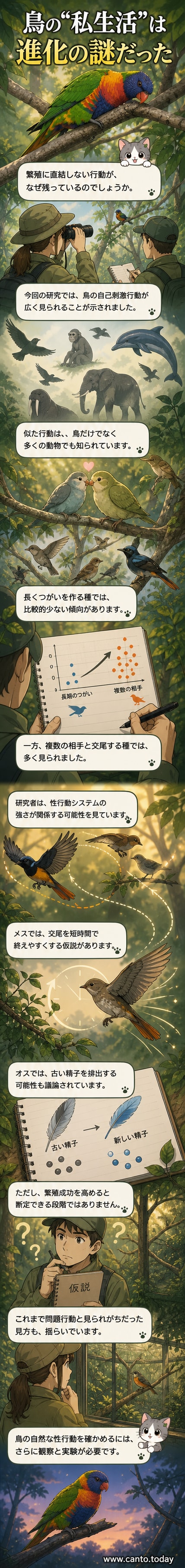 木の枝に止まる鳥が、自慰行動をしている様子を描いたイラスト。周囲には他の鳥たちが見守るかのように配置されている。