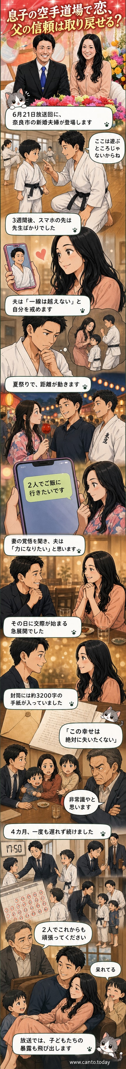 『新婚さんいらっしゃい!』に登場する、空手道場の先生とバツ2シングルマザーの新婚カップル。温かく微笑み合う2人の様子が描かれています。