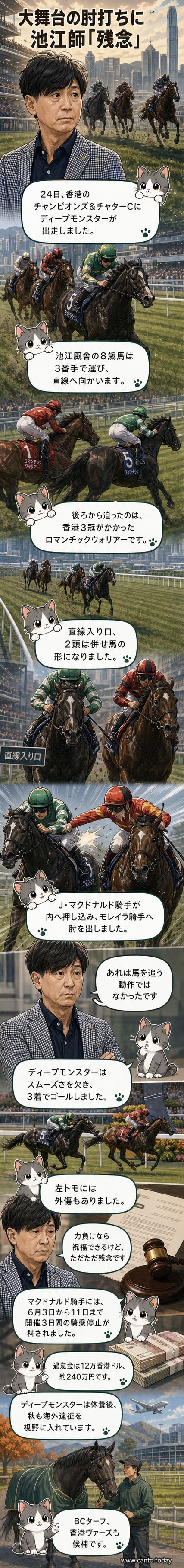 ディープモンスターが香港のG1レースで走るも、直線で他馬騎手の肘打ちに遭い不利な展開に。