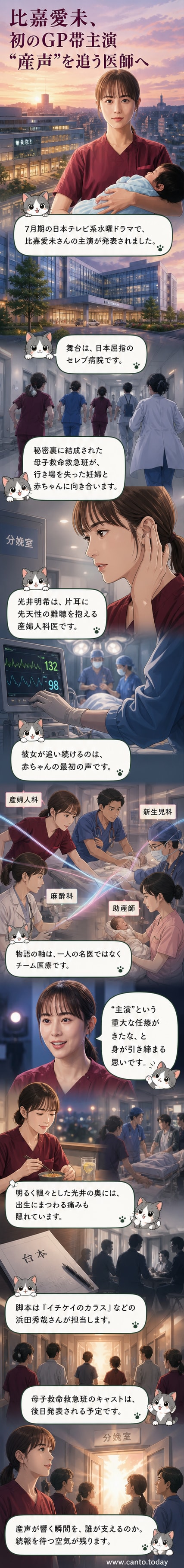 比嘉愛未が白衣姿で微笑む産婦人科医の役柄を演じており、背景には病院の廊下と緊迫した医療現場の雰囲気が広がっている
