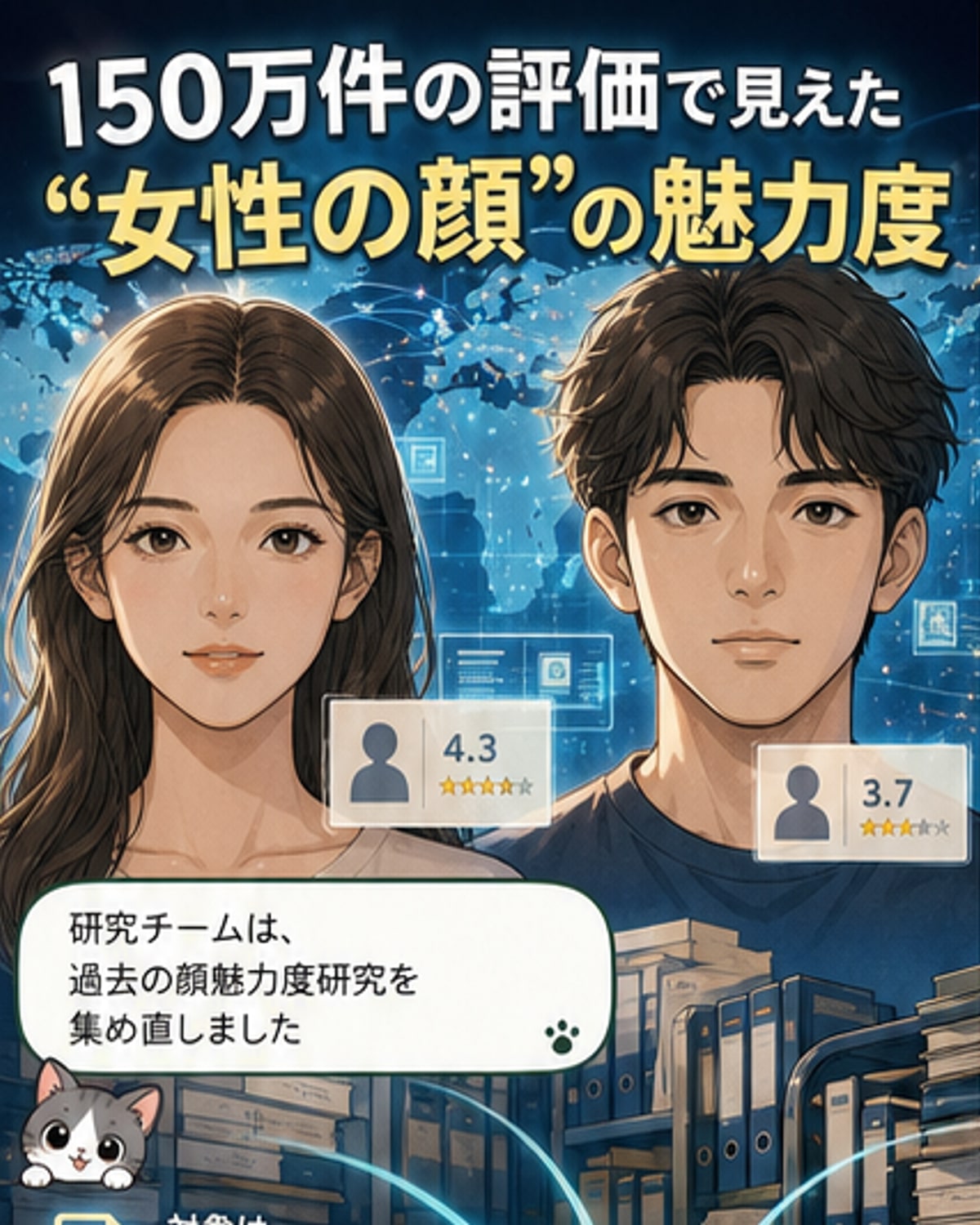 男女の顔写真を並べて比較する形のビジュアル。片側は女性の顔が複数並び、もう片側は男性の顔が並んでいる。中央で評価スコアの分布が示されている。
