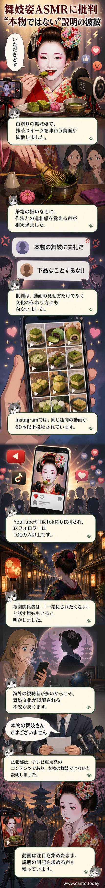 白塗りメイクで舞妓風の装いをした女性が、抹茶スイーツを食べる様子。背景には茶道具が置かれている。