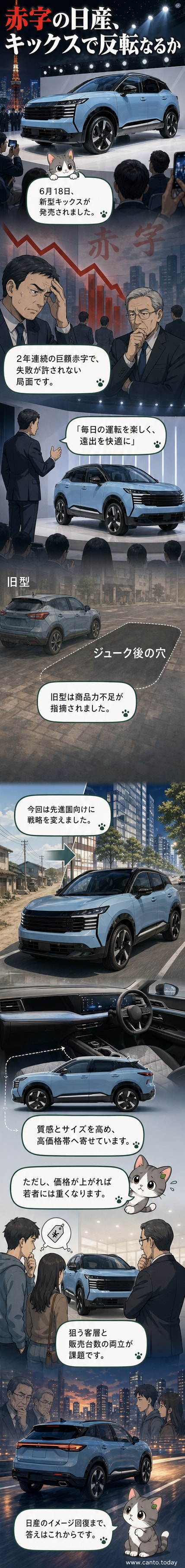 新型日産キックスのフロントビュー。力強いフォルムと洗練されたデザインが特徴。
