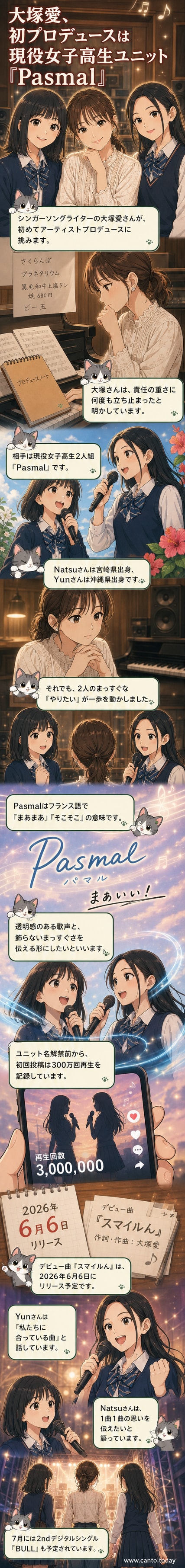 大塚愛と現役女子高生ユニット『Pasmal』のNatsu、Yunが並ぶ写真。笑顔でカメラを見つめている。