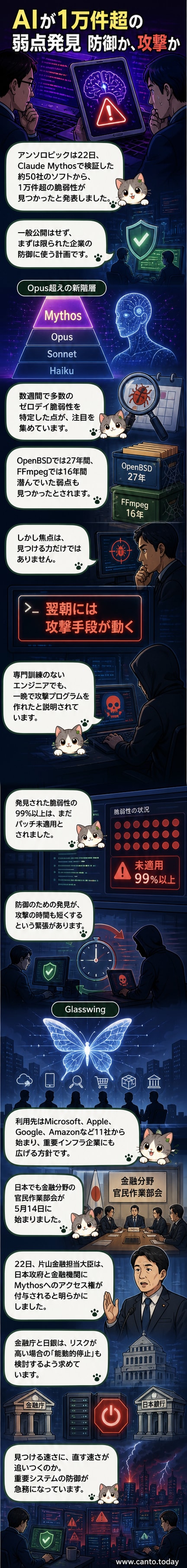 AIモデル「クロード・ミュトス」がデジタル回路網を走査し、赤く光る脆弱性を次々と発見する様子。背景には金融システムやインフラのアイコンが並ぶ。