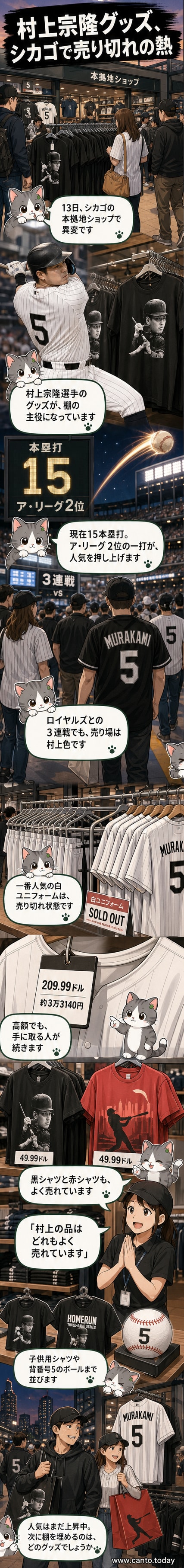 シカゴ・ホワイトソックスの本拠地グッズショップで、村上宗隆選手のユニフォームが店頭に並び、売り切れの状態となっている様子。