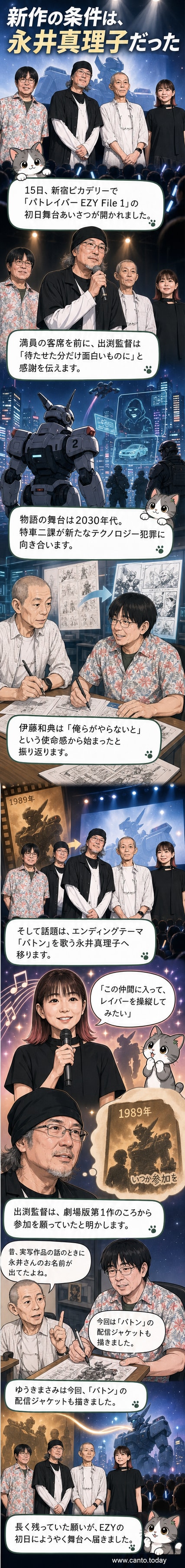 『機動警察パトレイバー EZY』の舞台挨拶に登壇する出渕裕監督、伊藤和典、ゆうきまさみ、永井真理子。満員の観客を前に、シリーズ復活の喜びを語っている。