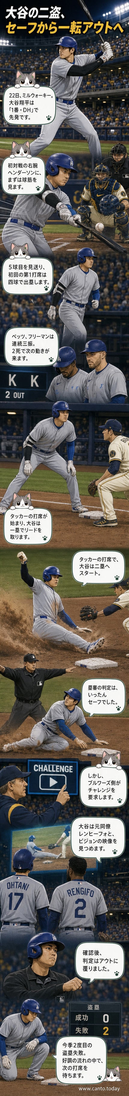 試合中の大谷翔平が二塁への盗塁を試み、審判の判定を見守る様子。その後、チャレンジによりアウトと判定された瞬間を、かつての同僚と映像確認するシーン。