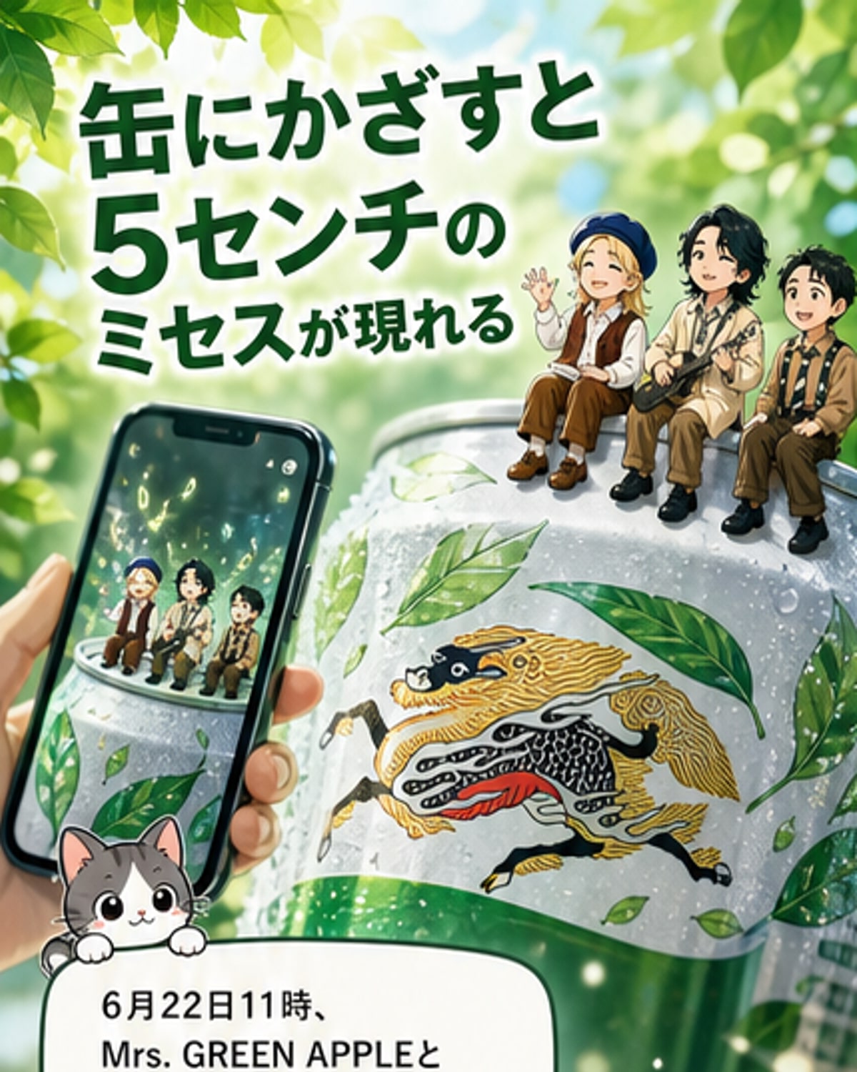 5センチサイズのミニミセスがグリーンラベルの缶の上に立って音楽を奏でているARイメージ