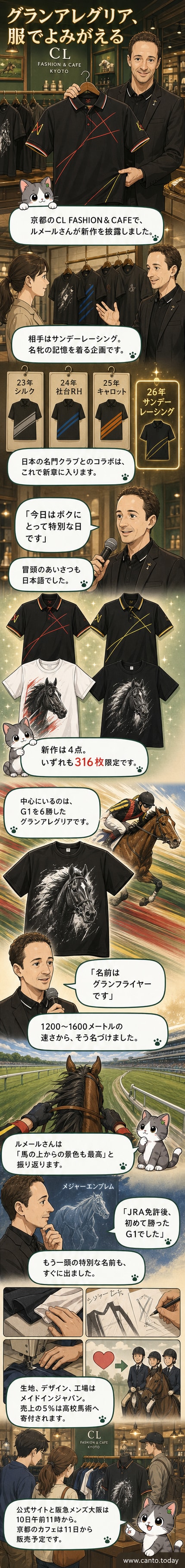 京都のカフェで開かれたルメールとサンデーレーシングのコラボ発表会。テーブルにはグランアレグリアをデザインした限定Tシャツが並ぶ
