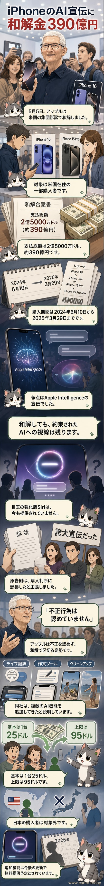 スマートフォンを手にする人間の周囲に、吹き出しで「AI搭載」と「未実装機能」とが対照的に浮かぶ様子を描いたイラスト