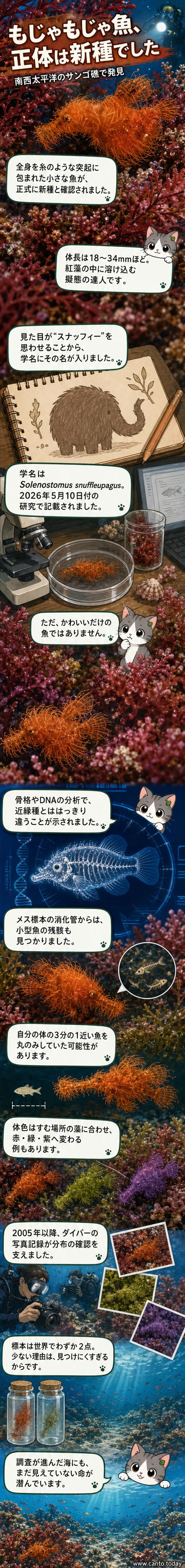 オレンジ色のもじゃもじゃの突起で覆われた小さな魚が、赤い藻の中で静かに漂っている。背景はサンゴ礁。