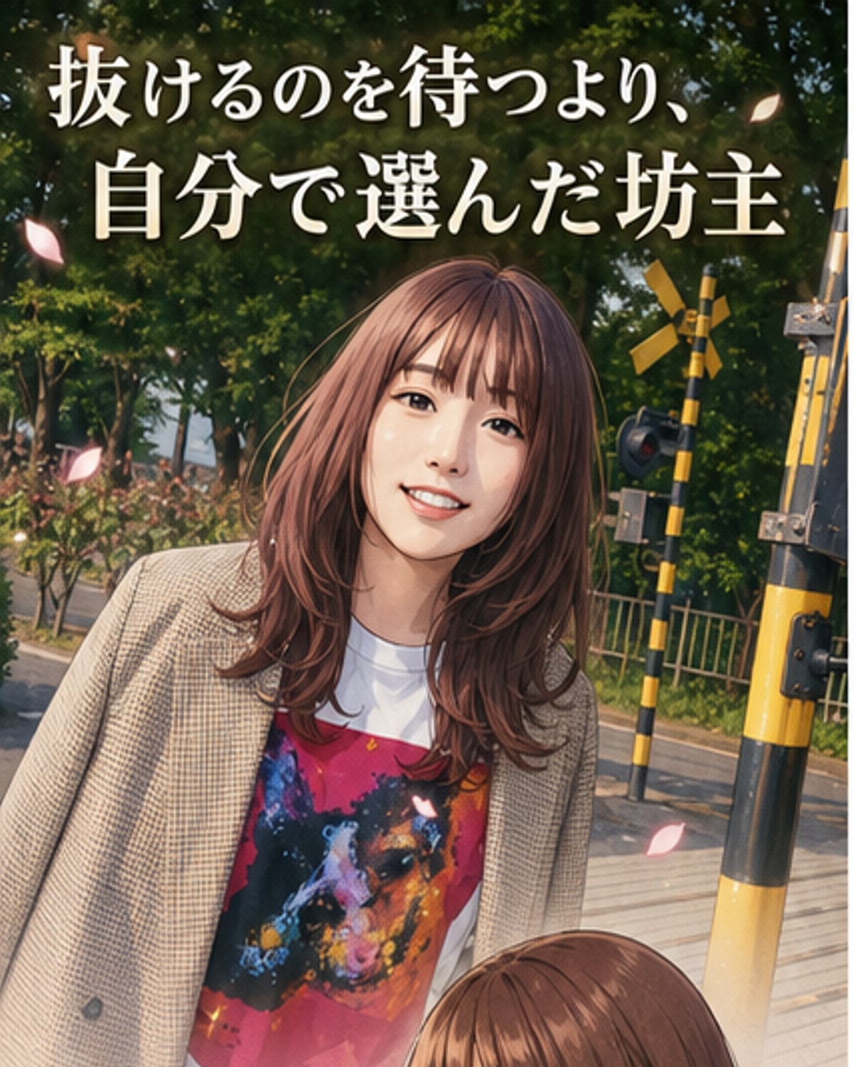 坊主頭の女性が淡い水色の花柄ワンピースを着て微笑んでいる。背景は明るく、前向きな雰囲気。
