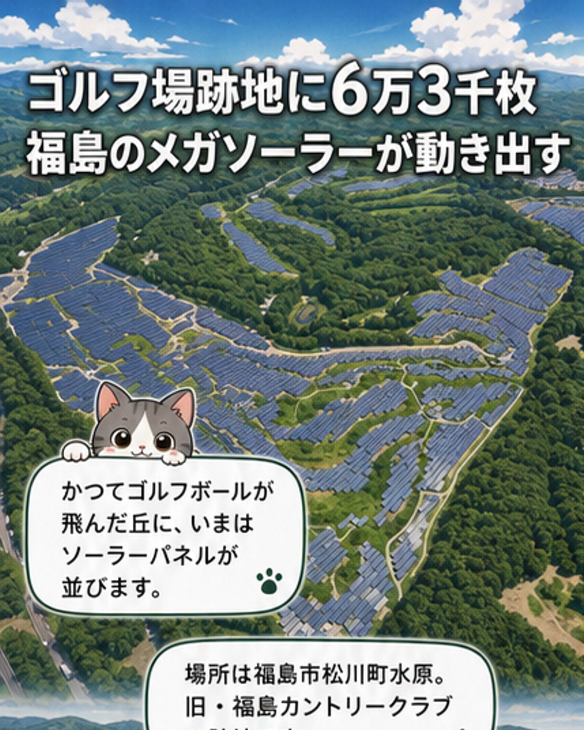 福島市の旧ゴルフ場跡に広がる6万3千枚のソーラーパネル。丘陵地に整然と並ぶ大規模な太陽光発電所の航空写真。