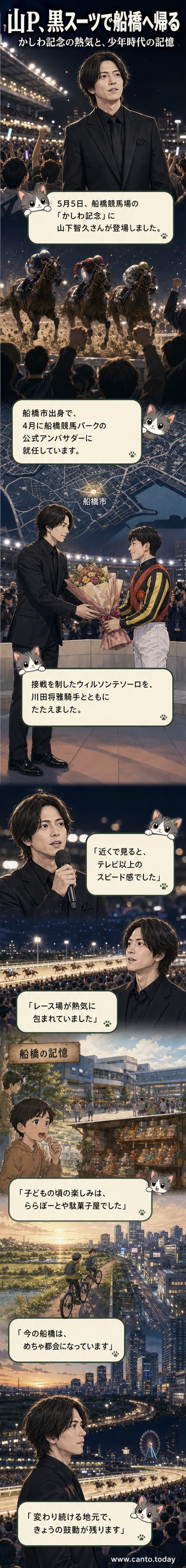 黒のスーツを着た山下智久が、船橋競馬場の表彰式で川田将雅騎手と握手している様子。